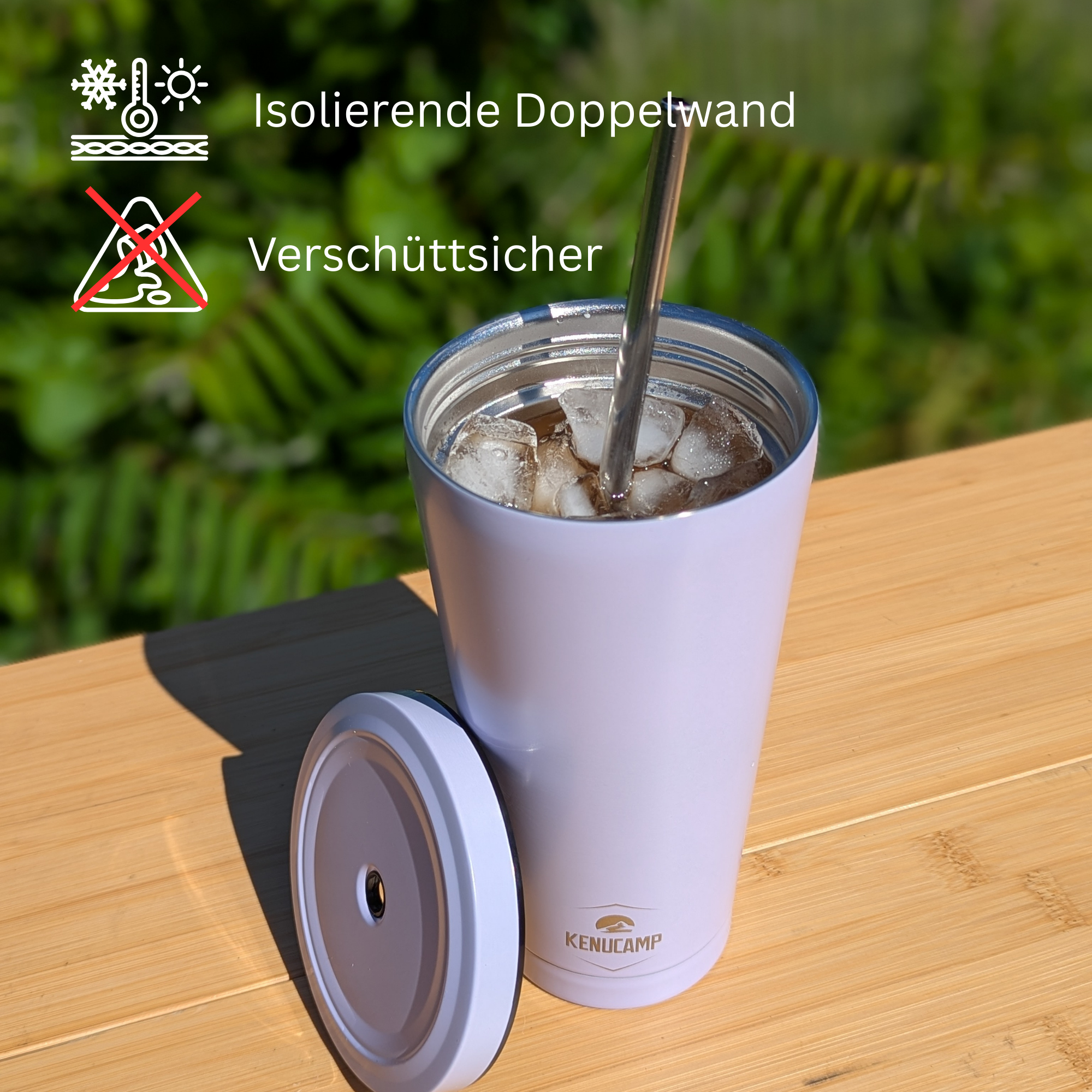 Kenucamp - Premium Edelstahl Thermobecher mit Deckel und Strohhalm – 500ml