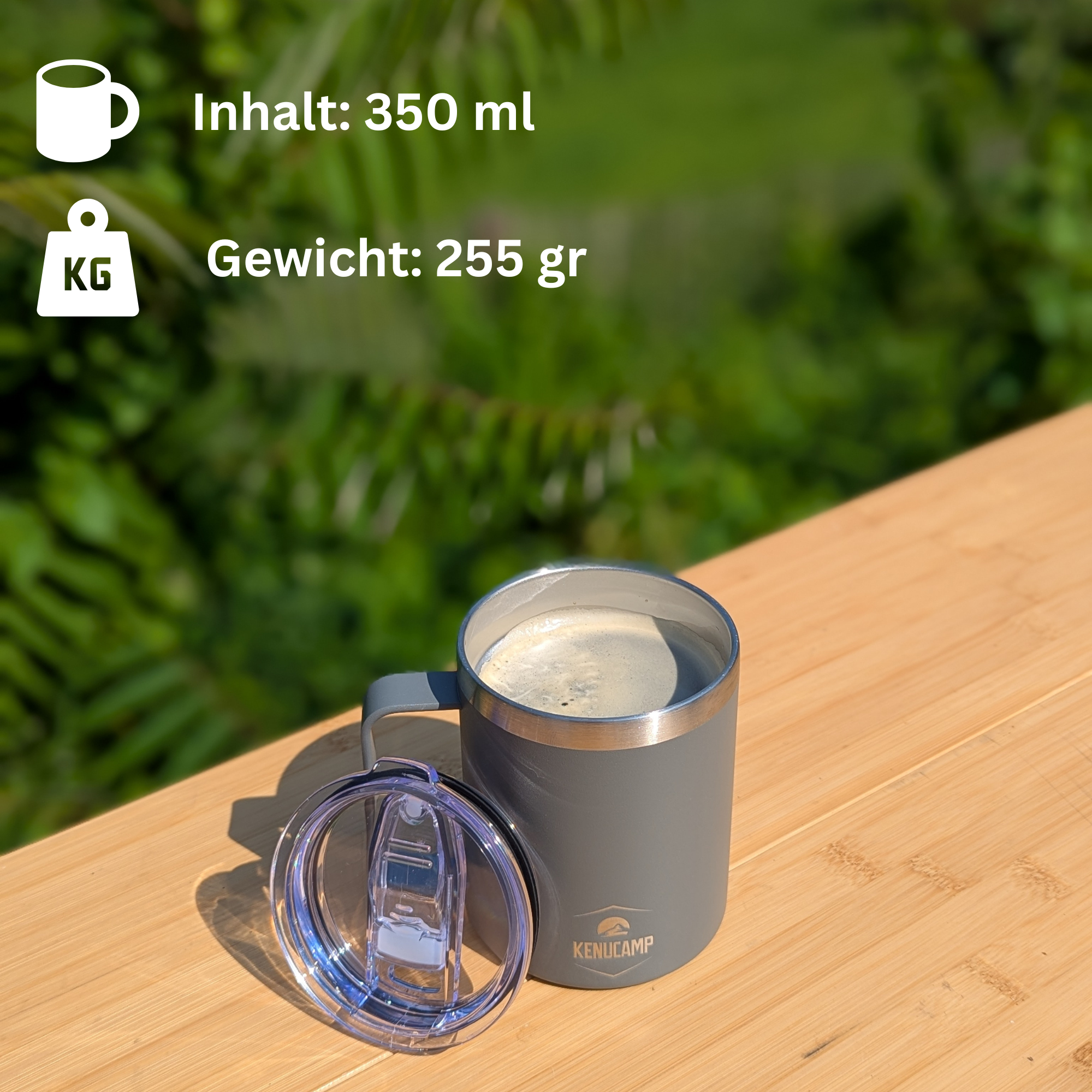 Kenucamp - Edelstahl Kaffeetasse mit Deckel, Isolierend - 350 ml