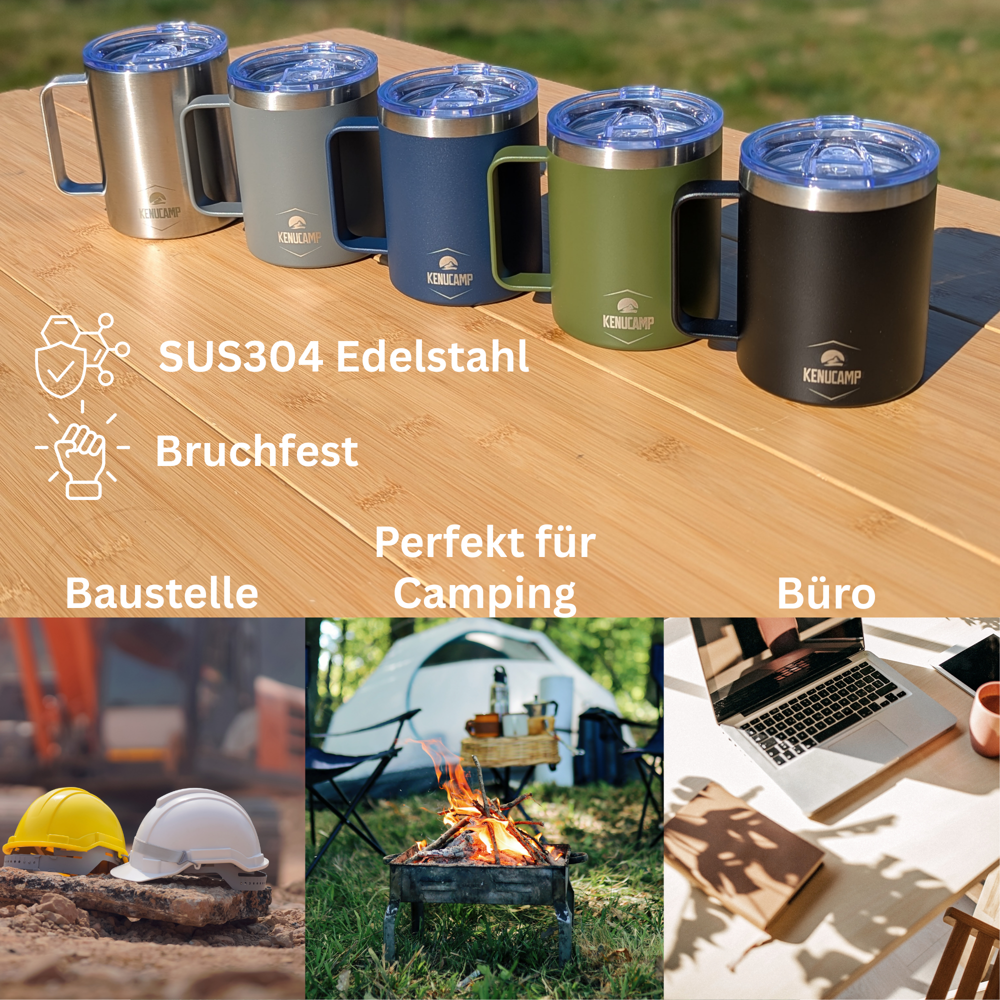 Kenucamp - Edelstahl Kaffeetasse mit Deckel, Isolierend - 350 ml